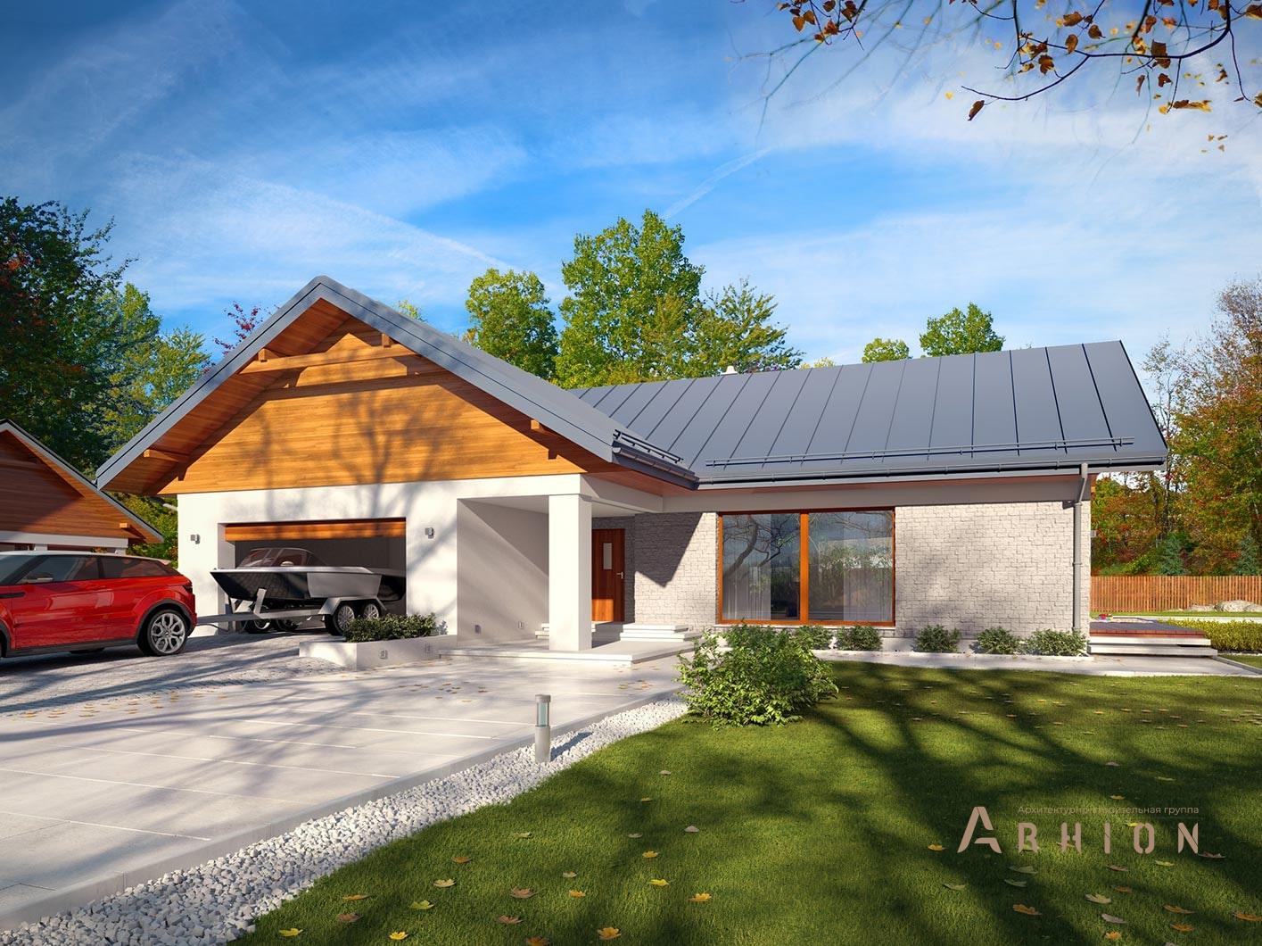 3. Проект одноэтажного дома в современном стиле с плоской кровлей , R-14-19, площадью - 137 кв c терассой, гаражом